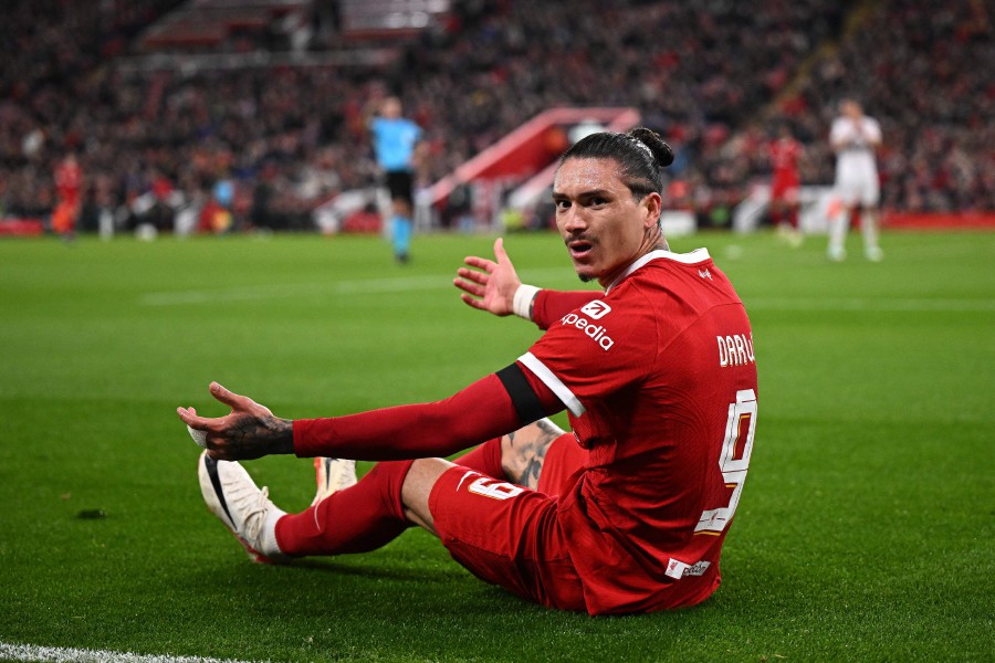 Liverpool's Uruguayan striker Darwin Nunez reacts during the UEFA Europa League group E football match between Liverpool and Toulouse at Anfield in Liverpool. - AFP PIC