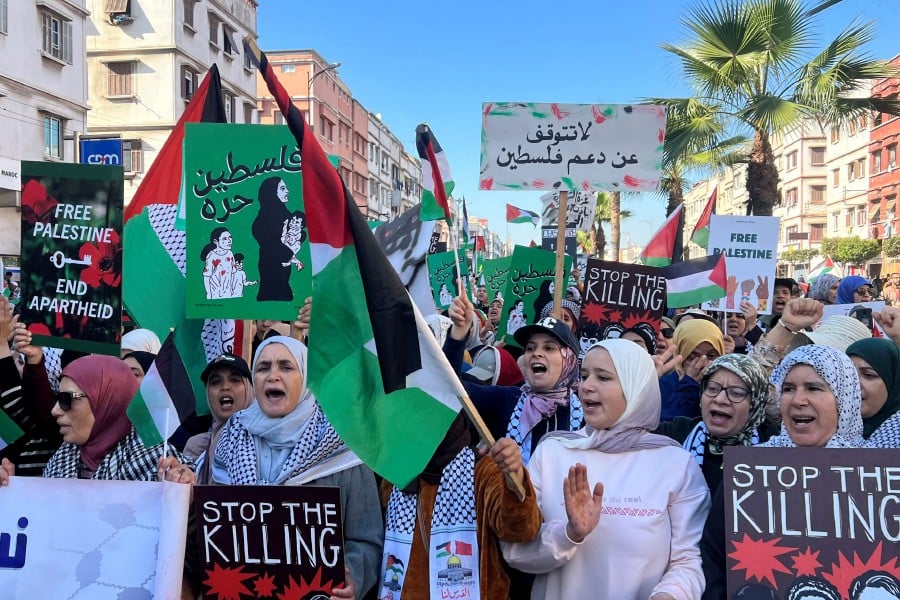 Moroccans demonstrate in Casablanca, calling for a permanent ceasefire in the Palestinian Gaza Strip and the suspension of diplomatic ties with Israel. - AFP PIC