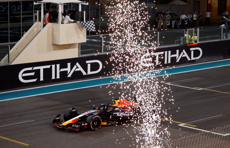 Red Bull's Max Verstappen crosses the line to win the race. -- Pic: REUTERS