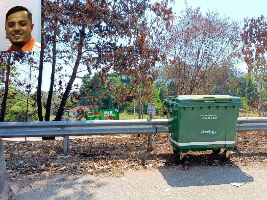 The waste bins placed at hotspot areas along the dual-carriageway Central Spine Road between Padang Tengku and Merapoh in Lipis. Pahang SWCorp director Sharudin Hamid (inset)
