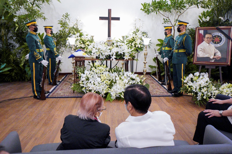 Philippine President Ferdinand Marcos Jr., right, talks with widow and former first lady Amelita Ramos as he visits the wake of former Philippine President Fidel V. Ramos in Taguig, Philippines on Thursday Aug. 4, 2022. - AP PIC