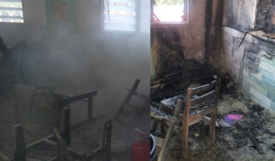 A classroom at SK Lahar Yooi on Jalan Merbau Kudong here was partially engulfed in flames this morning.