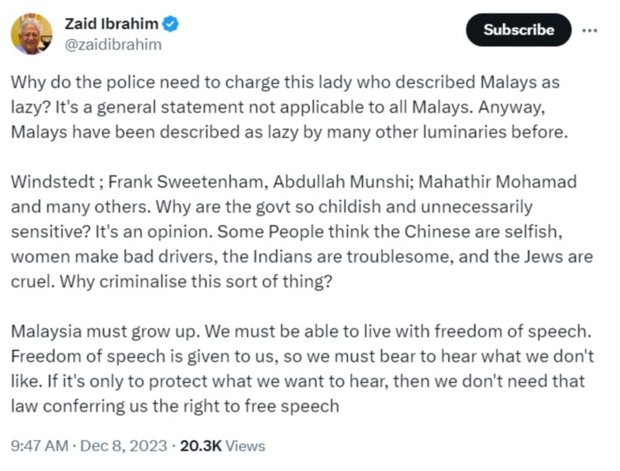 The X posting by Datuk Mohd Zaid Ibrahim on his account @zaidibrahim.