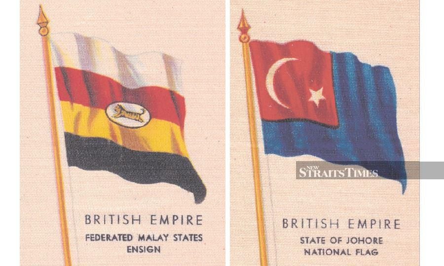 (Left) The Federated Malay States flag, featuring a left-facing leaping tiger, represented a unified Selangor, Pahang, Negri Sembilan and Perak for nearly half a century. (Right) It was said that Mohamed bin Hamzah drew inspiration for his design from the Johor flag. - Pic by Alan Teh Leam Seng