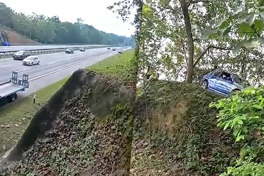 A Proton Satria seemed to have defied the laws of gravity when it landed on a slope several meters above the highway after a crash. - Pic from Facebook