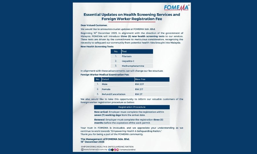 The Foreign Workers Medical Examination Monitoring Agency (Fomema) has tightened up the requirements for foreign workers by adding on two additional health screenings and one drug test. - Pic credit FB Fomema
