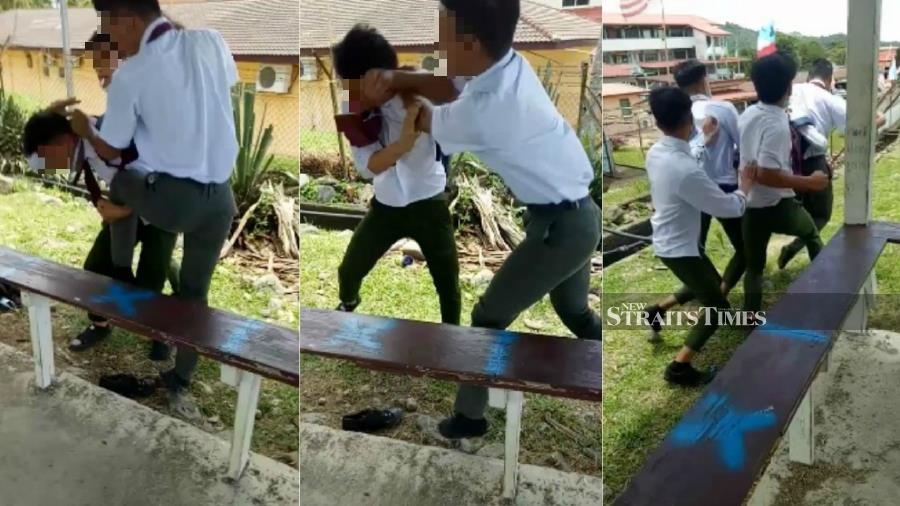 The photo combination made from a viral video shows several students attacking a fellow student at a school in Ranau.