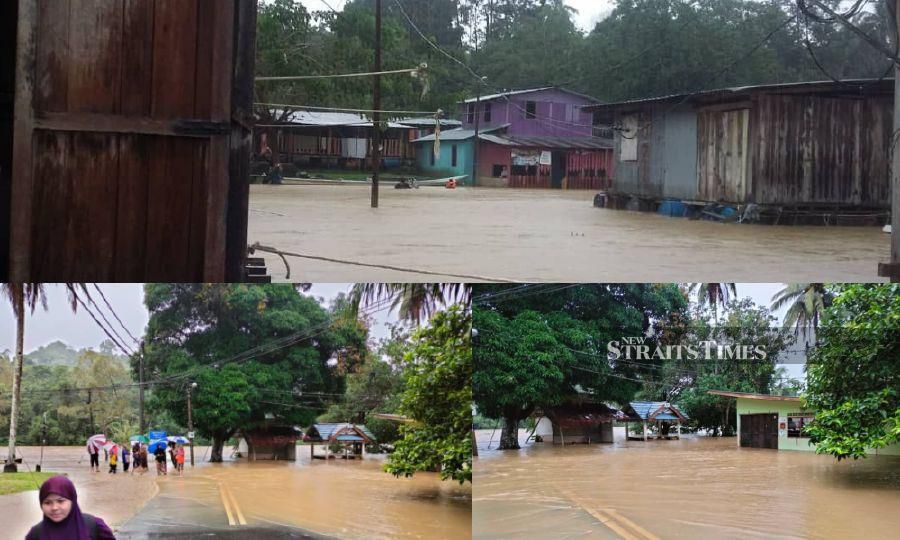(Top) A village in Bantal, Ulu Tembeling, Jerantut inundated with floodwaters, (bottom) These two images provided by Terengganu Civil Defence Force shows locals brave through the flood in Dungun. -NSTP/Roselan Ab Malek