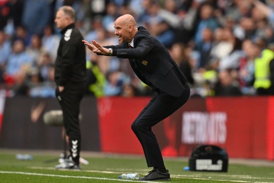 Manchester United's Dutch manager Erik ten Hag gestures on the touchline during the English FA Cup semi-final football match between Coventry City and Manchester United at Wembley Stadium. -AFP PIC