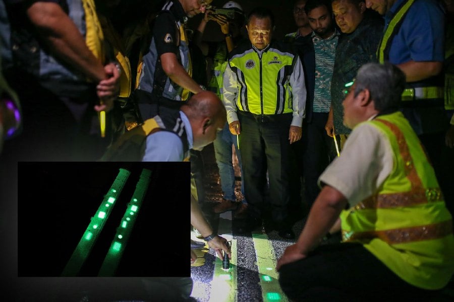 Works Minister Datuk Seri Alexander Nanta Linggi conducted an on-site inspection personally, to assess the efficiency of road markings employing “Glow in the Dark” technology subsequent to the MYJalan campaign, last night.- Pic credit Facebook Alexander Nanta Linggi