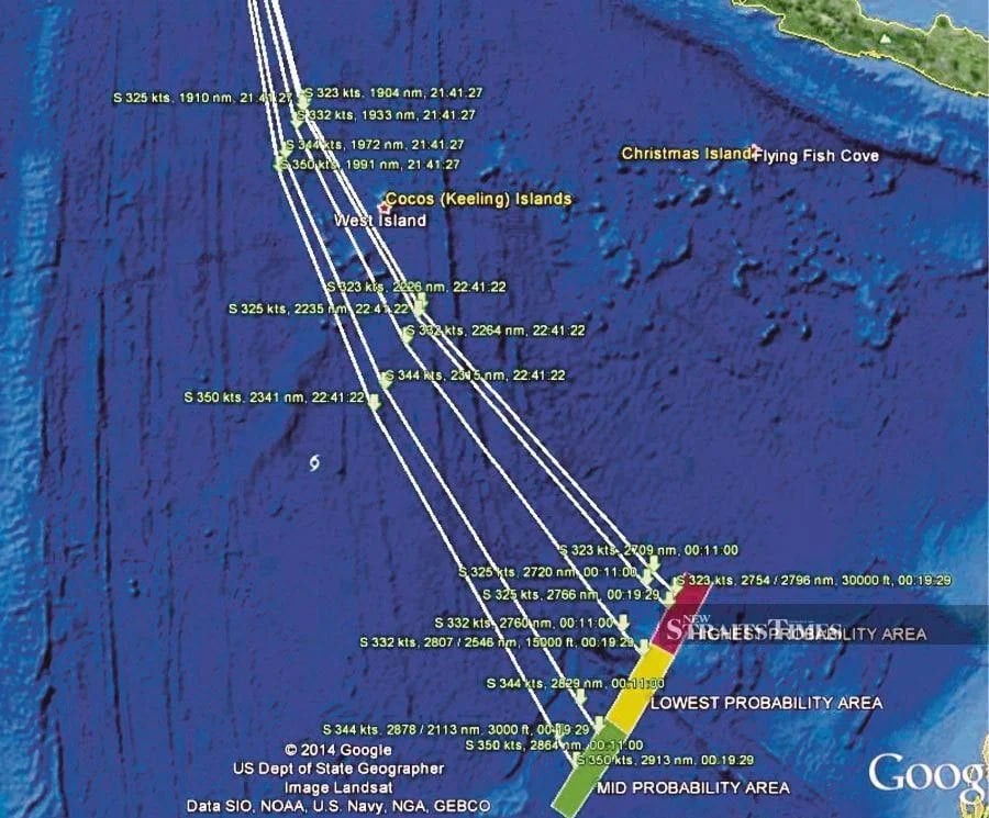 A graphic showing the possible flight routes and areas where Flight MH370 could have gone down in the Southern Indian Ocean. BERNAMA PIC