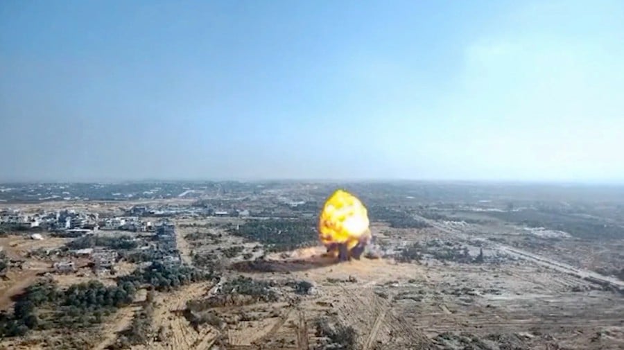 An explosion is seen in this screengrab taken from video footage released on February 26, 2024 by the Israeli army said to show the destruction of a 10-kilometre tunnel that was passing underneath a hospital and an university in Gaza. --REUTERS PIC
