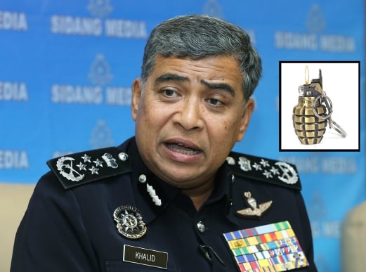 Inspector-General of Police Tan Sri Khalid Abu Bakar says five Syrian tourists were arrested over the alleged possession of a "hand-grenade" spotted in a hotel room in Port Dickson. (Inset) A representation image of a hand-grenade lighter. 