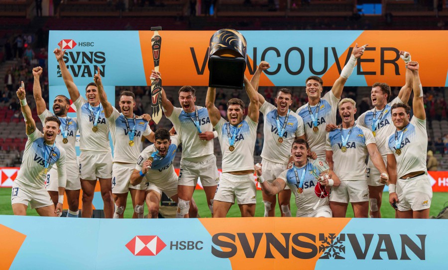 Team Argentina celebrates their victory over New Zealand at the HSBC World Rugby Sevens Series at BC Place in Vancouver, Canada. - AFP PIC