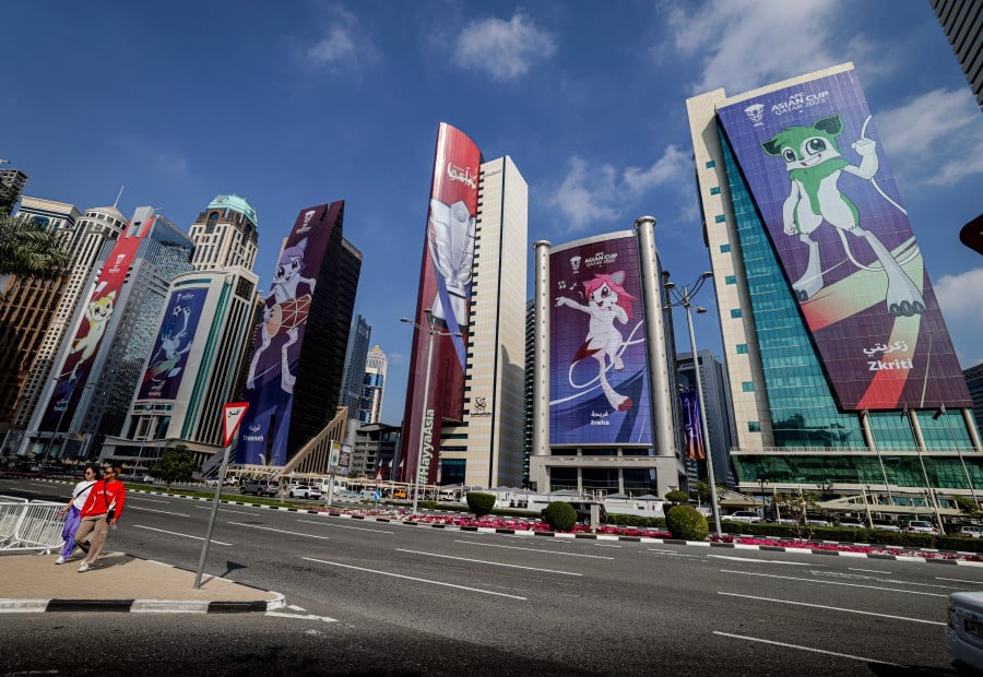 Pictures of the Asian Cup mascots are seen in Doha ahead of the opening ceremony on Jan 13. - BERNAMA PIC