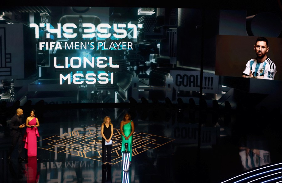 An image of Inter Miami's Lionel Messi is displayed after he was named best men's player of 2023 during the awards ceremony by former footballer Kristine Lilly and FIFA council member Sonia Fulford. - REUTERS PIC