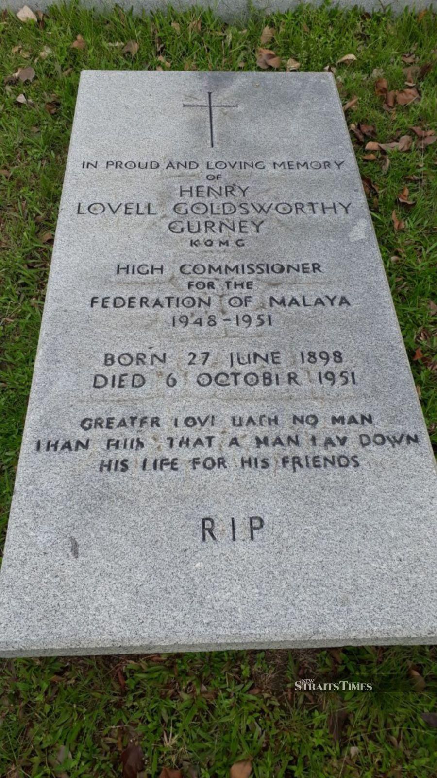 A close-up of the grave of the late Sir Henry Gurney at the Cheras Christian cemetery in Jalan Kuari, Kuala Lumpur. - NSTP/ADRIAN DAVID
