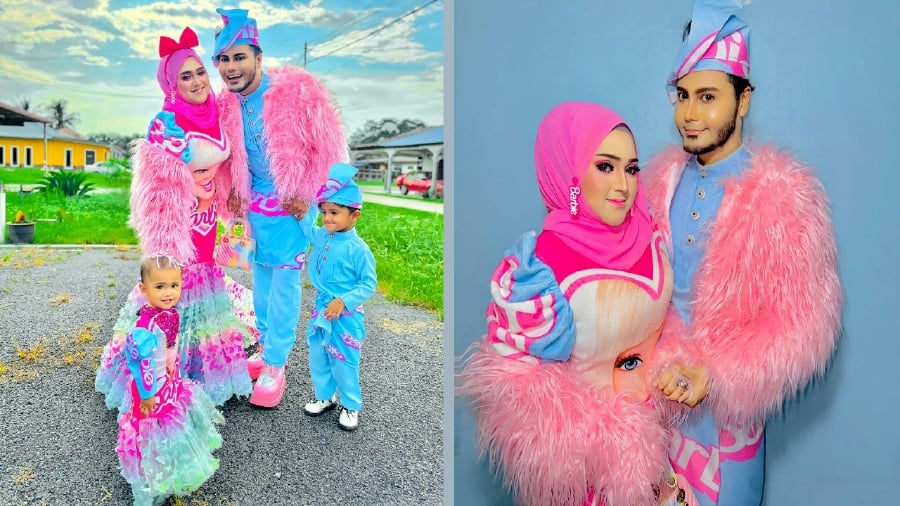 TikTok influencer Syed Muhammad Syah Hasif Syed Othman, his wife Fatin Syazwani Ishak and their two children in their Barbie-themed Raya outfits. Picture courtesy of Syed Muhammad Syah Hasif Syed Othman