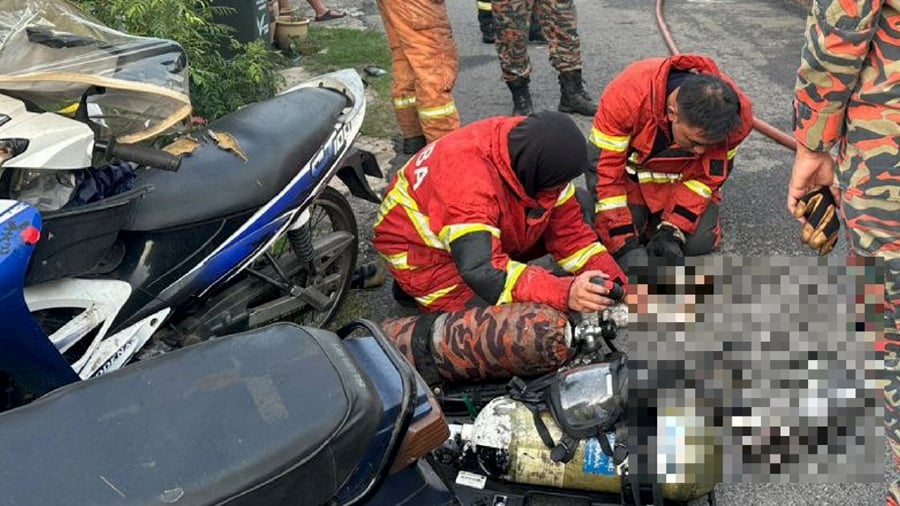 Firefighters giving first aid to cats which were caught in a fire in Kuala Muda. Sadly, all six died. Picture courtesy of the Fire and Rescue Department