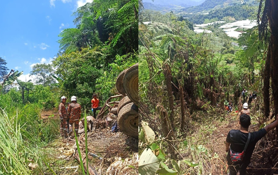 Three Orang Asli men were killed when their cement mixer truck plunged into a ravine at Km89.5 Jalan Gua Musang-Lojing here today. — PIC COURTESY OF FIRE AND RESCUE DEPT