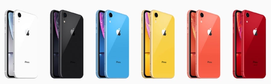iPhone XR will be available in six beautiful new finishes: black, white, blue, yellow, coral and (PRODUCT)RED.