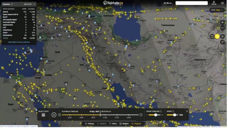 Some Emirates and Flydubai flights that were flying over Iran early on Friday (April 19) made sudden sharp turns away from the airspace, according to flight paths shown on tracking website Flightradar24. - Screengrab via Flightradar24