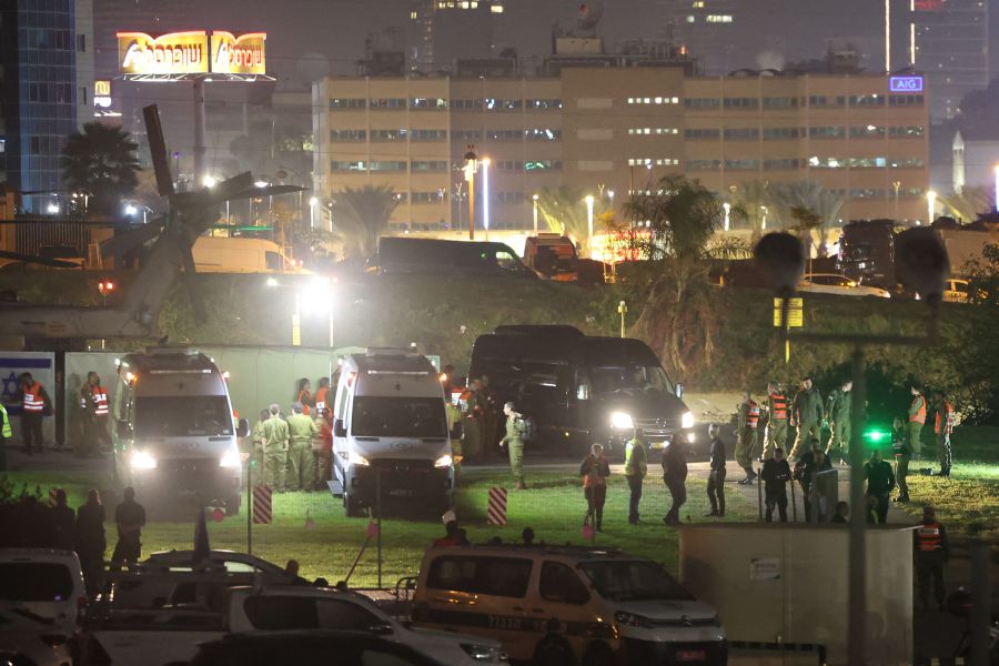 Israeli military cordon off the area after a helicopter with released hostages landed at Tel Aviv's Schneider medical centre. Hamas on November 24, freed a first batch of hostages seized in the deadliest attack in Israel's history under a deal that saw a temporary truce take hold in war-ravaged Gaza. Thirteen Israeli hostages captured during Palestinian fighters' cross-border raids were back in Israeli territory where they would undergo medical checks before being reunited with their families, the army said. - AFP pic