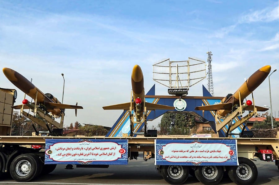 Iranian homemade Karrar drones displayed during an inauguration ceremony in Tehran.- AFP PIC