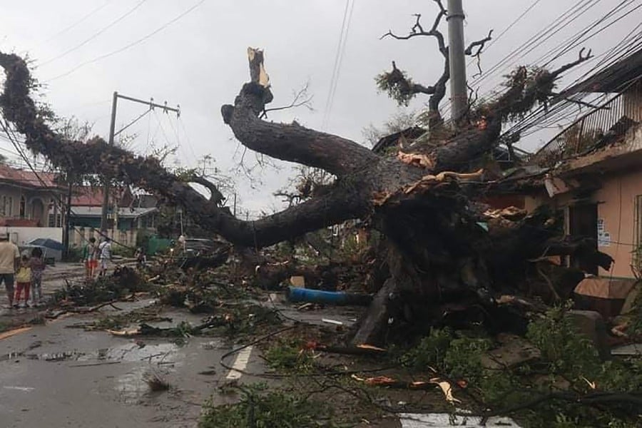Residents walk past an uprooted tree, downed by inclement weather from Super Typhoon Rai, along a road in Naga town in Cebu province on December 17, 2021, a day after the typhoon hit the province. -AFP PIC 