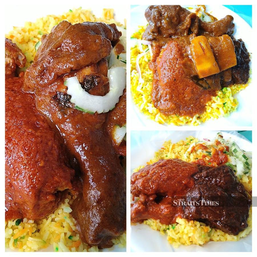 Nasi Hujan Panas, from left (clockwise) with Ayam Madu Dua (left) and Ayam Rose Terangkat, the two chicken dishes and Daging Masak Hitam and Ayam Rose Terangkat and Daging Masak Hitam