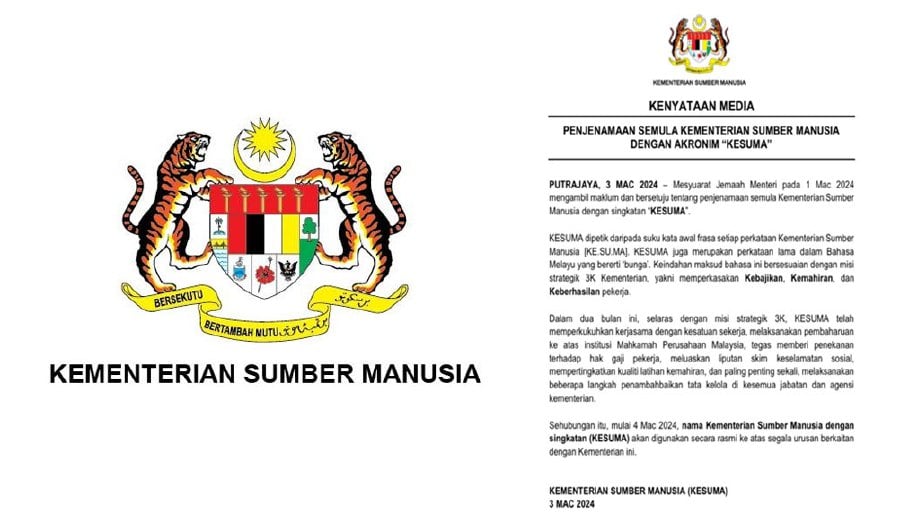The Ministry of Human Resources (KSM) has been rebranded and will use the acronym ‘Kesuma’ for all official business related to the ministry effective tomorrow (March 4).- Pic credit FB Kementerian Sumber Manusia