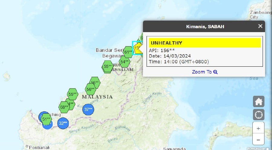 The Department of Environment’s (DoE) Air Pollution Index (API) portal showed Kimanis recorded an unhealthy API reading of 156 at 1pm. - Pic credit www.apims.doe.gov.my