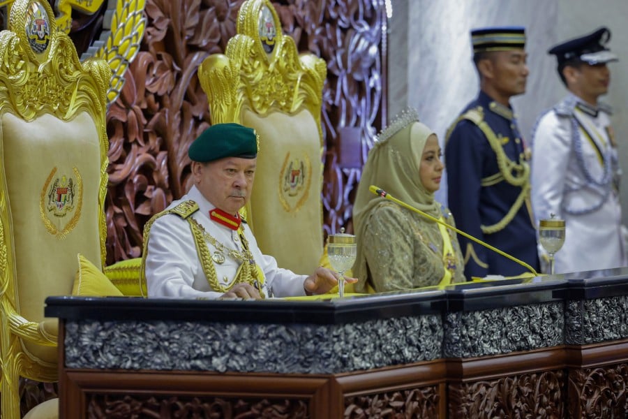 His Majesty Sultan Ibrahim, King of Malaysia (left) delivers his royal address during the opening ceremony of the First Meeting of the Third Session of the 15th Parliament. Also present is Her Majesty Raja Zarith Sofiah. - BERNAMA PIC