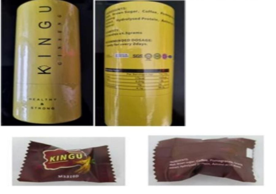 The Singapore Food Agency (SFA) has advised consumers not to purchase or consume the “Kingu Ginseng Candy” as it has been detected to be adulterated with tadalafil, a potent prescription medicine used to treat erectile dysfunction. - Pic credit Singapore Food Agency (SFA)