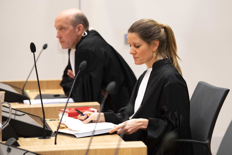 The defendant's lawyers Sabine ten Doesschate and Boudewijn van Eijck prepare for the pleadings in the Schiphol Judicial Complex in Badhoevedorp, The Netherlands, on March 7, 2022, where the plea of Oleg Poelatov, one of the four suspects in the MH17 trial is to be presented to the court. --  EPA