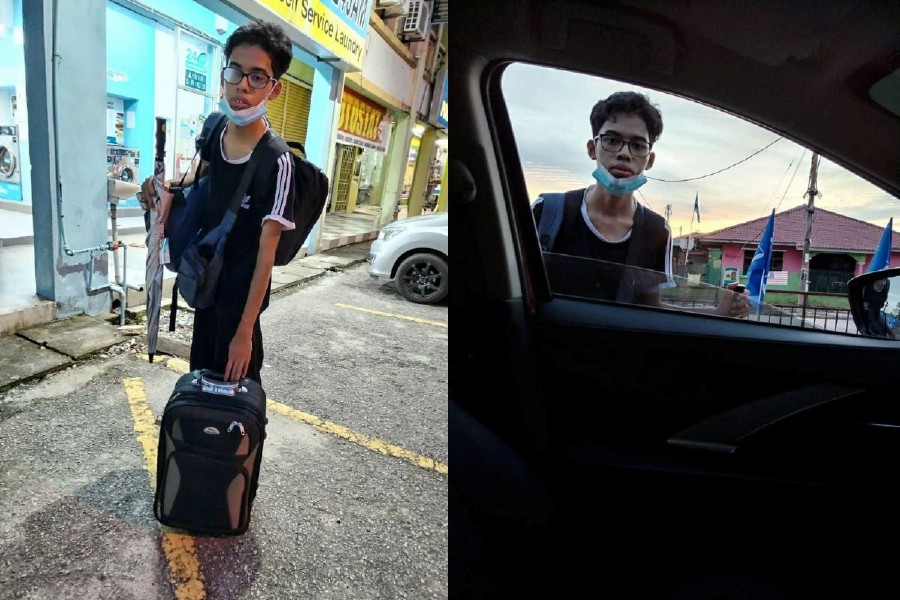 Muhammad Haikal Noor Azmin,18, was ready to set out on foot, bag in tow, when his lecturer found him (Haikal) at Jalan Bertam Indah 2 at about 7 pm yesterday. - Pic courtesy of Kepala Batas Community College