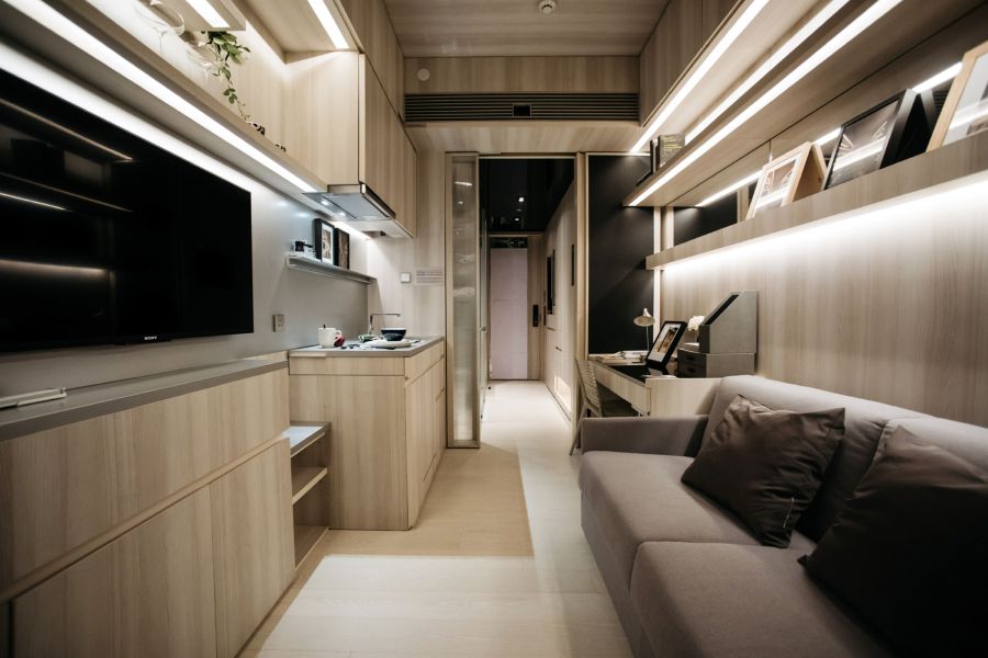 A Seven Victory Avenue micro-apartment show home, developed by Henderson Land Development Co., is displayed in Hong Kong, China, on Monday, Feb. 6, 2017. As Hong Kong's soaring prices put homes out of reach for most buyers, developers have been chopping new projects into ever-smaller units -- the tiniest category, below 200 square feet, is commonly referred to as “nano flats.”