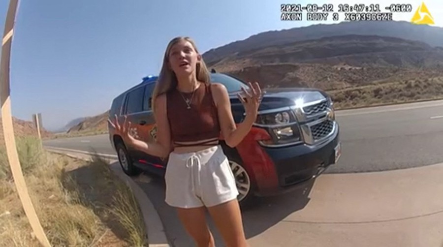 In this file photo taken on September 16, 2021, a still image from a police bodycam released by the Moab City Police Department in Utah, Gabrielle Petito speaks with police as they responded to an altercation between Petito and her boyfriend, Brian Laundrie. -AFP PIC
