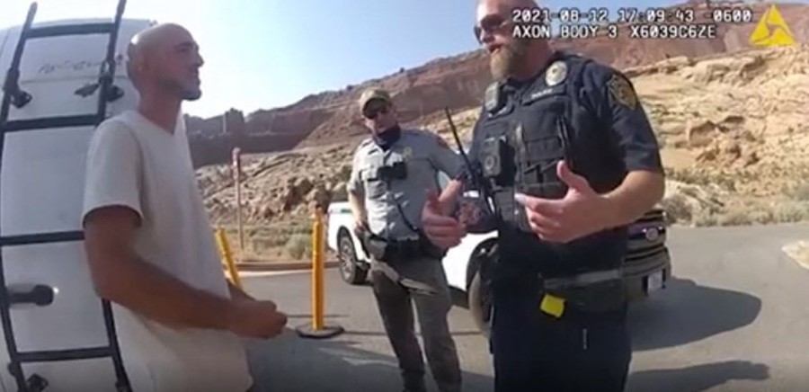 This August 12, 2021, still image from a police bodycam released by the Moab City Police Department in Utah, shows Brian Laundrie (L) speaking with police as they responded to an altercation between Laundrie and his girlfriend Gabrielle Petito. -AFP PIC