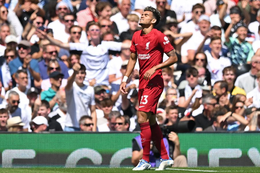 Liverpool's Colombian midfielder Luis Diaz reacts after his goal is disallowed during the English Premier League football match between Fulham and Liverpool at Craven Cottage in London on August 6, 2022. - AFP PIC