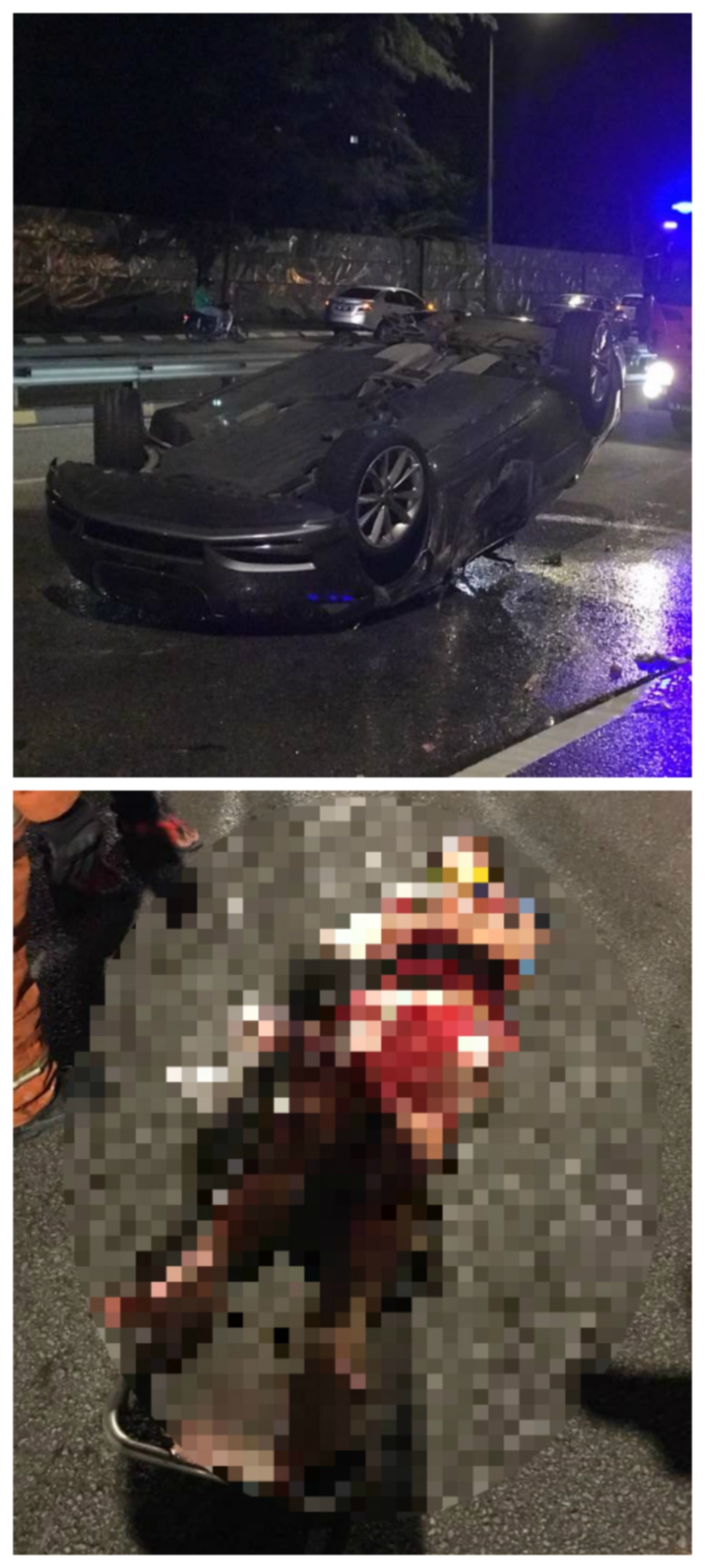 In the 3am incident, the 36-year old man from Gelugor lost control of his Jaguar XF as he was driving from the town centre towards Bayan Lepas. Pic by NSTP/courtesy of Fire and Rescue Department