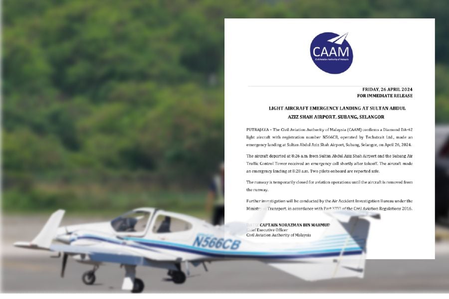 Civil Aviation Authority of Malaysia (CAAM), in a statement, confirmed a Diamond DA-42 light aircraft with registration number N566CB made an emergency landing at the Sultan Abdul Aziz Shah Airport. -FILE