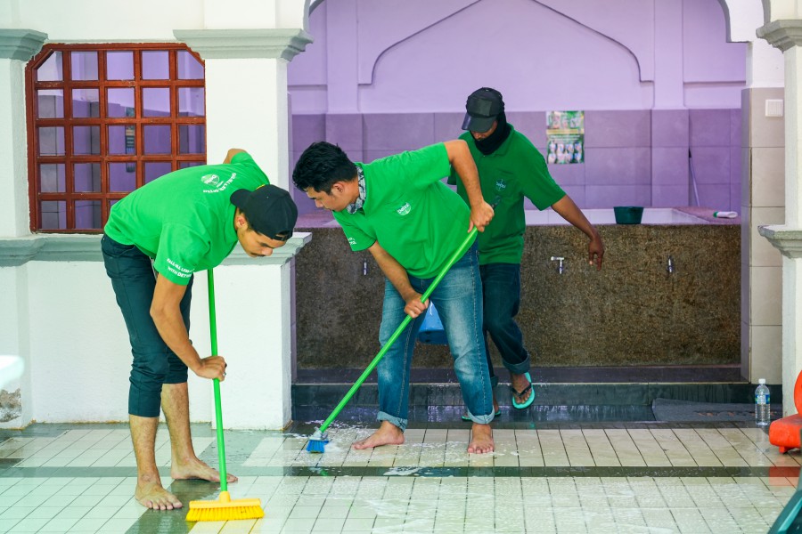 Dettol Squad in action as they sanitise each section of the mosque to protect the community during Ramadan.