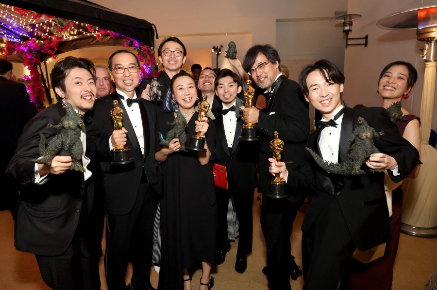 Masaki Takahashi, Kiyoko Shibuya, Takashi Yamazaki and Tatsuji Nojima, winners of the Best Visual Effects award for ‘Godzilla Minus One’ attend the Governors Ball during the 96th Annual Academy Awards at Dolby Theatre in Hollywood, California. - AFP PIC