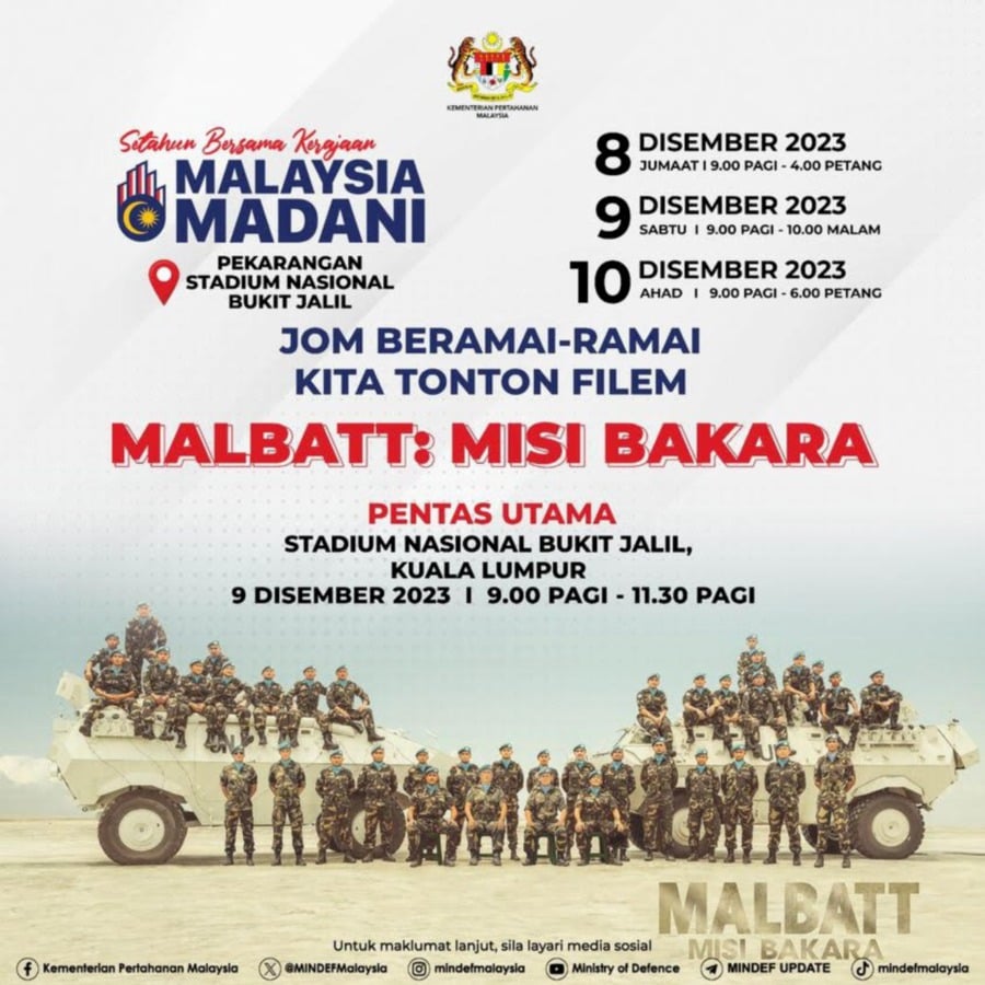 Today’s highlights include the screening of local film MALBATT: Misi Bakara, an adaption of the true story of the Malaysian army operation that saved United States army soldiers trapped during the civil war in Somalia in 1993. - Pic credit MINDEF
