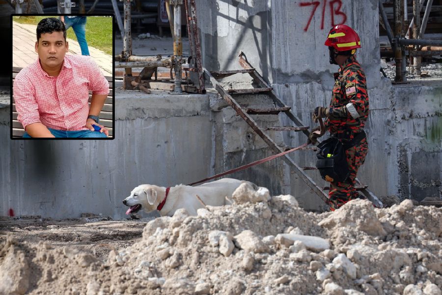 A fireman with a K9 dog searching for possible victims at the construction site, Batu Maung. (Inset) Saiful, one of the victims of the tragedy. - BERNAMA PIC