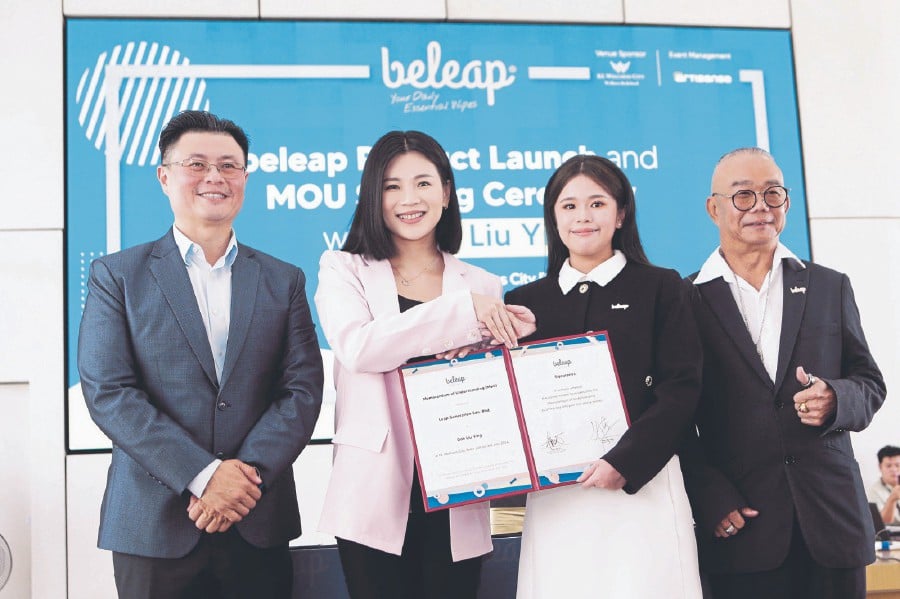 (From left) KL Wellness City executive director of branding, sales and marketing Datuk Seri Dr Vincent Liew, Goh Liu Ying, Leap Generation business development manager Kan Zhi Yi and Magic Ideal Industries Sdn Bhd director Datuk Law Chiang Hwa during the launch of the Beleap Wet Wipes and unveiling of its official brand ambassador on Wednesday.