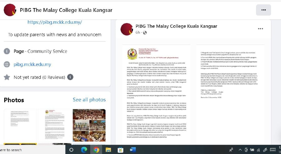 The association through its Facebook posting said that the action of the bullied student's family spreading the case on social media has a big impact and damages the school’s good image as a reputable institution. - Screengrab via Facebook/PIBG The Malay College Kuala Kangsar