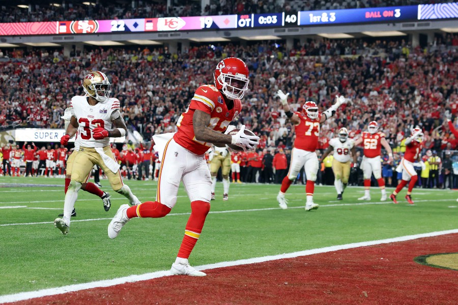  Mecole Hardman Jr. of the Kansas City Chiefs celebrates after catching the game-winning touchdown in overtime to defeat the San Francisco 49ers 25-22 during Super Bowl LVIII at Allegiant Stadium in Las Vegas, Nevada. - AFP PIC