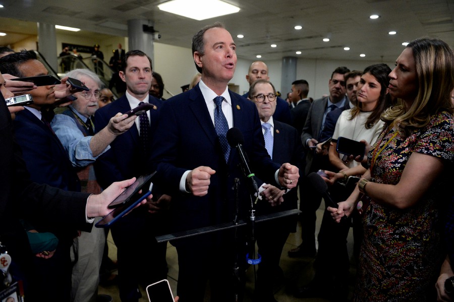 House Managers Rep. Adam Schiff (D-CA) speaks next to Rep. Jerry Nadler (D-NY) during a news conference near the Senate Subway to discuss the Senate impeachment trial of President Trump in Washington. (REUTERS)